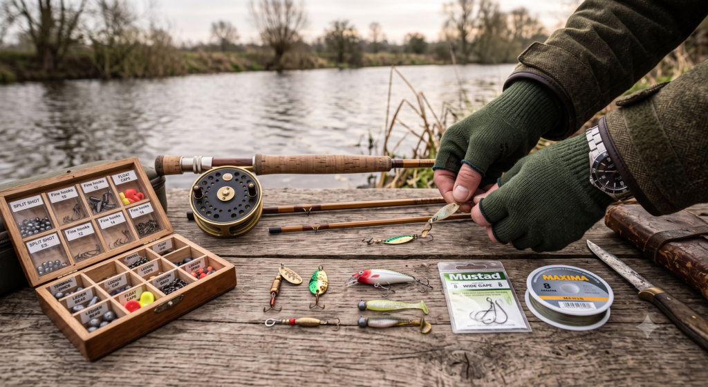 UK fishing tackle laid out showing a spinning rod, reel, small terminal tackle box, and a selection of lures and hooks