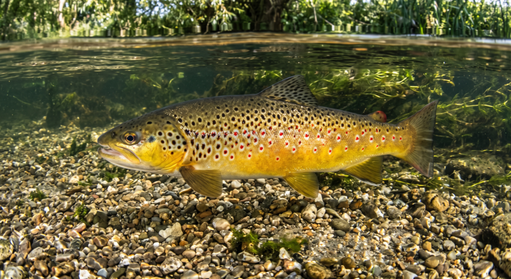 Brown Trout UK: Complete Species Guide (Identification, Habitats, Methods) 1 large wild brown trout being held horizontally over a Hampshire chalk stream in early summer, showing its golden flanks, red spots, and the clear gravel bottom below