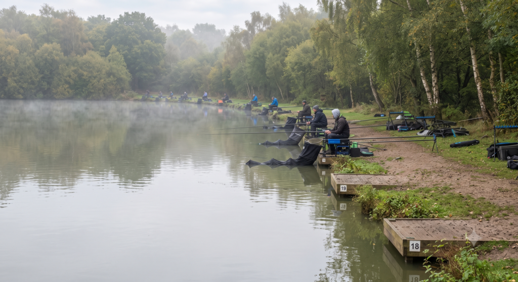 Match Fishing for Beginners UK: How to Enter Your First Competition 1 match anglers sitting at their pegs on a lake on a mild morning, rods out, keepnets in the water