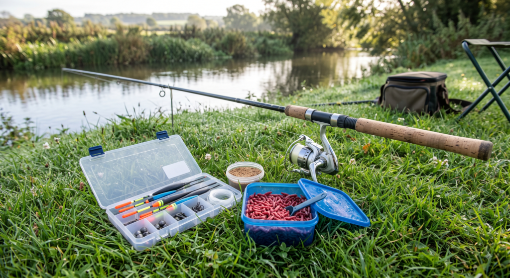 Buying Your First Fishing Rod UK: What to Get and What to Avoid 1 A basic freshwater fishing setup laid out on grass beside a river - a 12-foot float rod, a fixed-spool reel, a box of floats, and a container of maggots, representing a sensible first fishing setup for a UK beginner