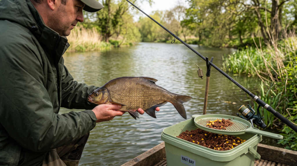 A bronze bream held over the water beside a feeder rod and groundbait bucket