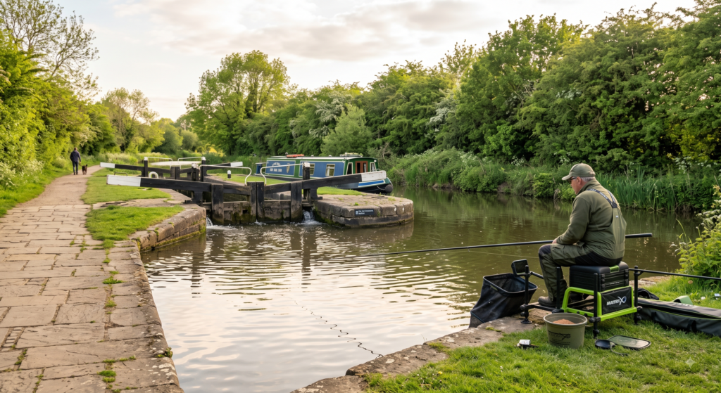 A canal towpath with an angler fishing beside a lock gate on a calm UK canal