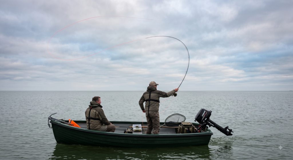 A fly angler casting from a boat on Grafham Water