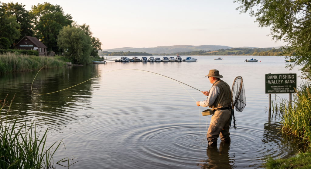 Chew Valley Lake Fishing Guide: Bristol Water's Premier Trout Reservoir 1 A fly angler wading at the margins of Chew Valley Lake