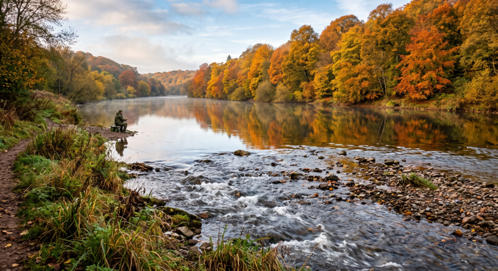 River Wye Fishing Guide: Barbel, Chub, Salmon, Grayling, and Pike 1 A long, wide pool on the River Wye in autumn
