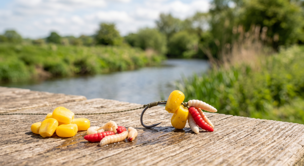 A selection of artificial sweetcorn and imitation maggots on a hook next to real bait for comparison