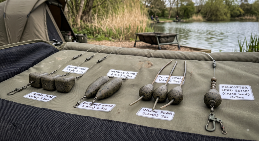 Fishing Leads and Weights UK: Types, Uses, and How to Choose 1 A selection of carp fishing leads laid on a carp mat - inline pear leads, distance bombs, square pear leads, and a helicopter lead