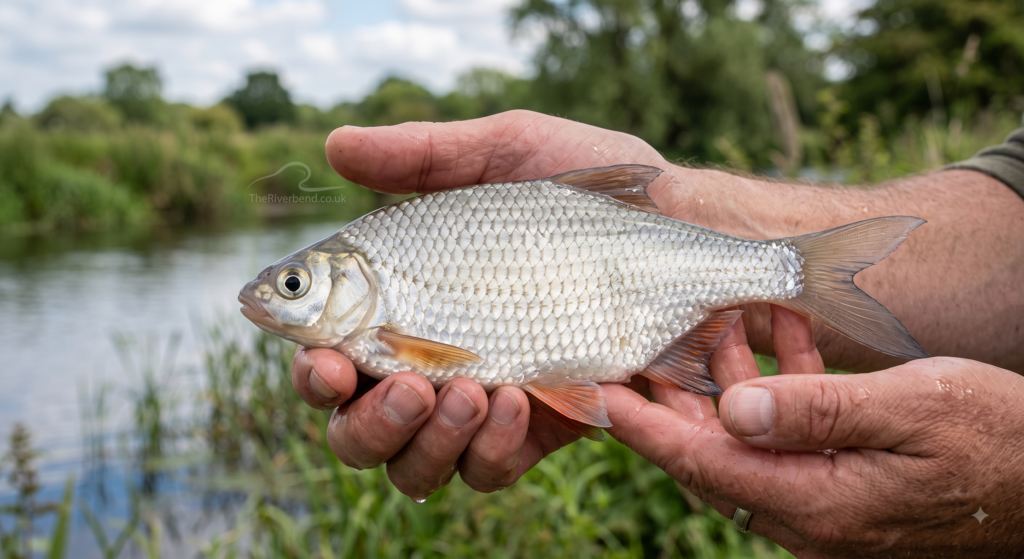 A silver bream held carefully in wet hands, showing the distinctive pale silver colouration, large scales, eye size relative to head, and reddish-orange paired fins that distinguish it from a young common bream