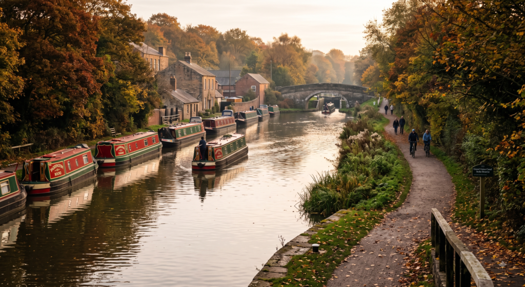 Grand Union Canal Fishing Guide: Roach, Bream, Pike, and Perch 1 A view along the Grand Union Canal in autumn showing the towpath.