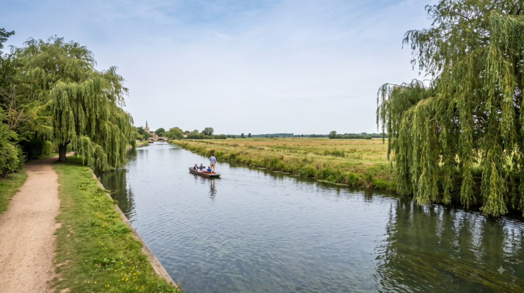 A view along the River Cam showing the flat Cambridgeshire countryside, willows along the bank, and the slow, clear water typical of the river