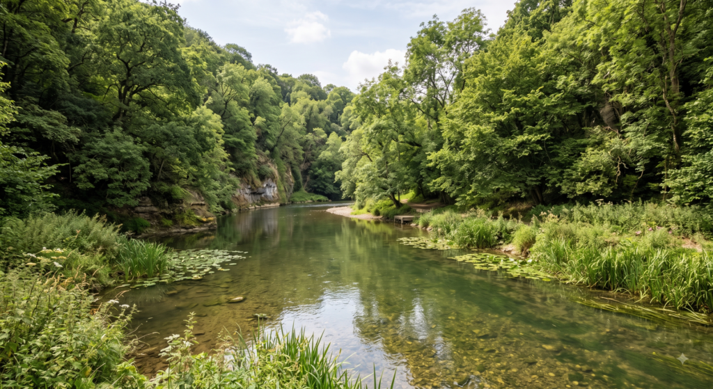 A view of the Bristol Avon through a steep wooded gorge near Bath, with clear green water over a gravel bed