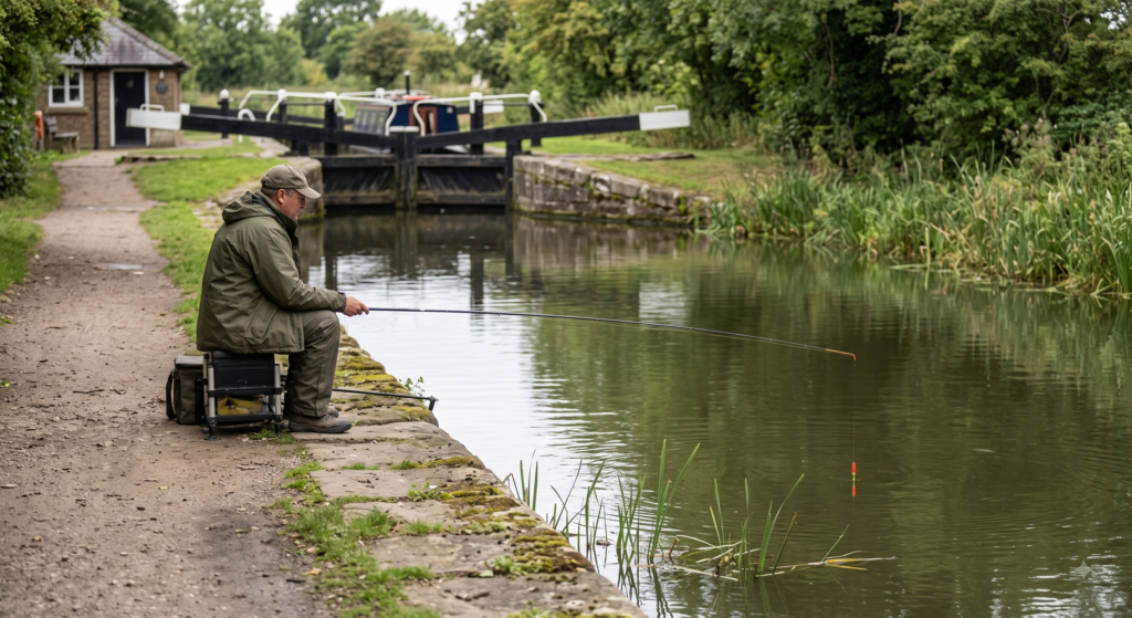 An angler on a canal towpath, a short pole extended over the water surface with a float visible close to the far bank