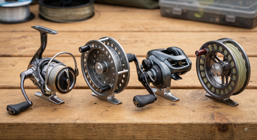 Fishing Reel Types Explained: Fixed Spool, Centrepin, Baitcaster, and Fly Reels 1 Four fishing reels side by side showing a standard fixed-spool reel, a centrepin drum reel, a baitcasting reel, and a fly reel