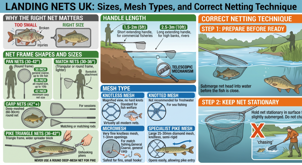 Landing Nets UK: Sizes, Mesh Types, and Correct Netting Technique 1 Landing Nets UK Sizes, Mesh Types, and Correct Netting Technique