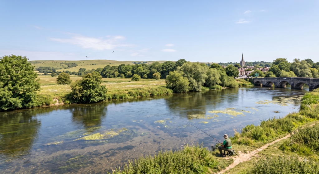 Hampshire Avon Fishing Guide: Barbel, Chub, and Access (2026) 1 The Hampshire Avon near Ringwood on a clear summer day,