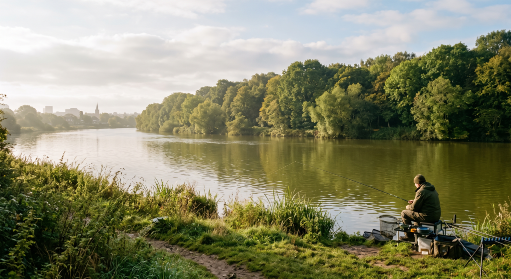 The River Trent near Nottingham on a September morning, the river wide and olive-green, far bank tree-lined, a single angler on the near bank