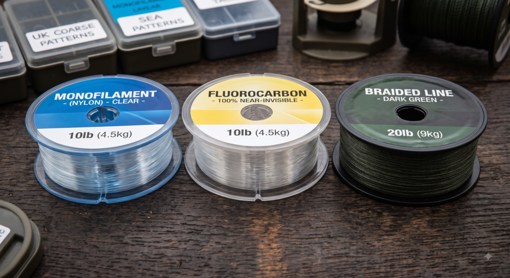 Fishing Line Guide UK: Mono, Fluorocarbon, and Braid Explained 1 Three spools of fishing line side by side - a clear monofilament, a near-invisible fluorocarbon, and a dark green braid, showing the visual difference between the three types
