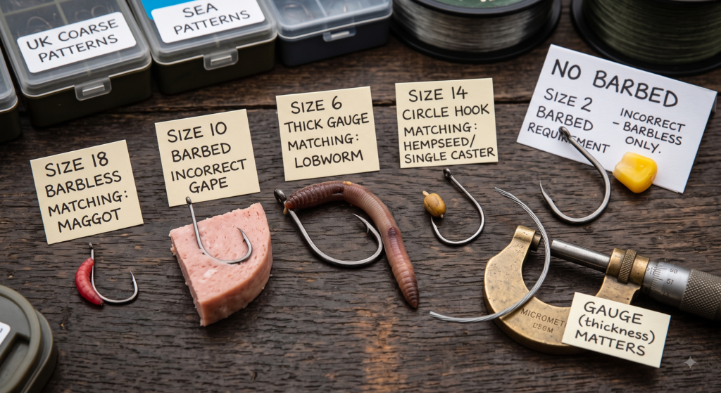 Fishing Hooks Explained: Sizes, Patterns, and Types for UK Anglers 1 Fishing hook sizes from a size 26 match hook through to a size 2 pike and carp hook, all shown barbless, with barbless, microbarb and barbed hook points compared side by side