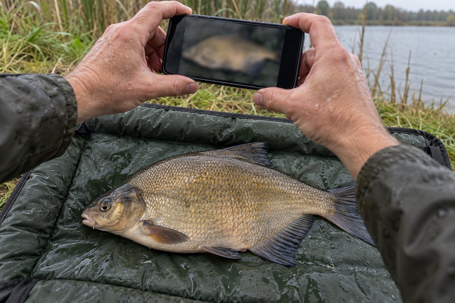 Angler photographing a bream on an unhooking mat with a phone