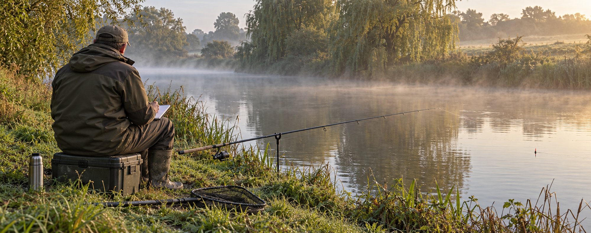 Angler sitting on a tackle box beside a misty river at dawn, writing notes in a fishing diary